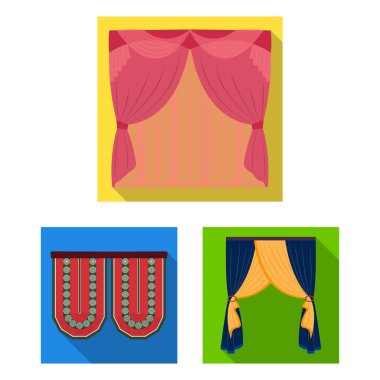 Perde çeşitleri set koleksiyonu tasarım için simgeleri düz. Perdeler ve Saçakların sembol stok web illüstrasyon vektör.