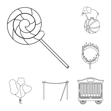 Sirk ve öznitelikleri set koleksiyonu tasarım için simgeleri anahat. Sirk sanat vektör simge stok web çizim.