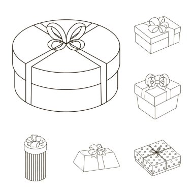 Hediye ve set koleksiyonu tasarım için anahat simgelerini ambalaj. Renkli ambalaj sembol stok web illüstrasyon vektör.