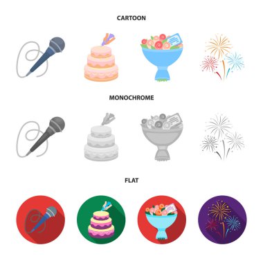 El bir kek krem, bir kablo ile bir mikrofon, bir buket gül bir tebrik kartı, bir festival selam ile yapmak. Olay Hizmetleri küme toplama simgeler karikatür, düz, tek renkli stil vektör simgesi