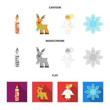 Noel mum, geyik, melek ve kar tanesi, düz, tek renkli simgeler set koleksiyonu tasarım için karikatür. Noel vektör simge stok web çizimi.