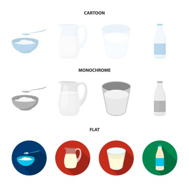 Süzme peynir, bir cam, kefir bir şişe, bir sürahi kase. Moloko küme toplama simgeler karikatür, düz, tek renkli stil vektör simge stok çizim web.