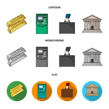 Altın Bar, Atm, banka binası, para ile bir durum. Çizgi film, düz içinde para ve finans küme toplama simgeler, tek renkli stil vektör simge stok çizim web.