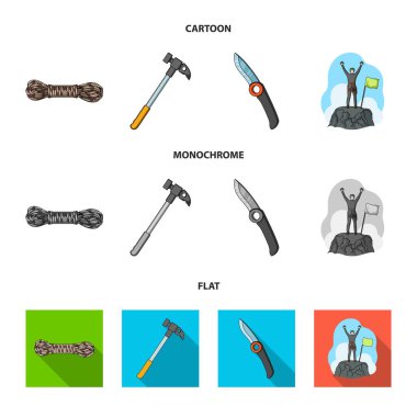 Dağcı fethedilen top, ip, bıçak, çekiç bobin. Dağcılık küme toplama simgeler karikatür, düz, tek renkli stil vektör simge stok çizim web.