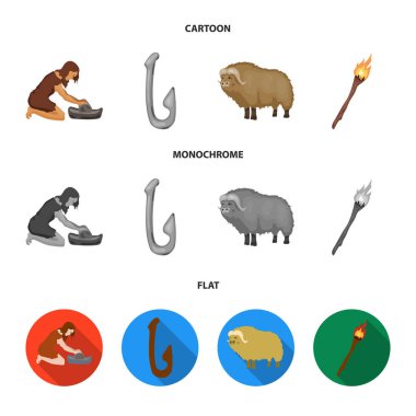 Sığır, yakalamak, kanca, Balık tutma. Taş devri küme toplama simgeler karikatür, düz, tek renkli stil vektör simge stok çizim web.