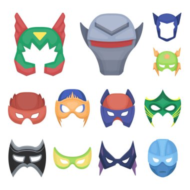 Karnaval maskesi karikatür simgeleri set koleksiyonu tasarım için. Göz ve yüz vektör simge stok web illüstrasyon maske.