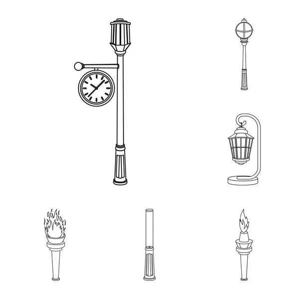 Ícones de esboço de poste de lâmpada na coleção de conjuntos para design. Lanterna e iluminação símbolo vetor web ilustração . — Vetor de Stock