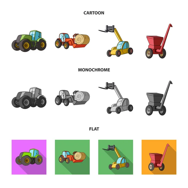 Traktor, Heuwuchtmaschine und andere landwirtschaftliche Geräte. Landmaschinen Set Sammlung Symbole in Cartoon, flach, monochromen Stil Vektor Symbol Stock Illustration Web. — Stockvektor