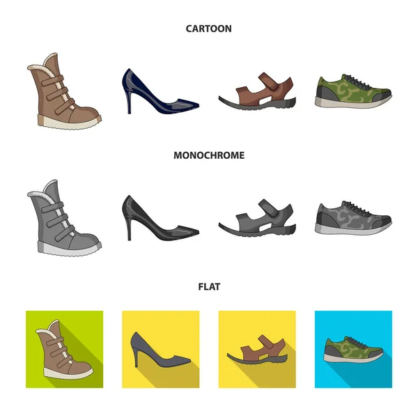 Ikonok a különböző cipő halmaza. Különböző cipő egyetlen ikonját rajzfilm, lapos, fekete-fehér stílus vektor web szimbólum stock illusztráció. — Stock Vector