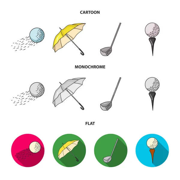 Létající míč, žlutý deštník, golfový klub, míč na stojan. Golf Club kolekce sady ikon v karikatuře, ploché, monochromatický stylu vektor symbol skladem ilustrace web. — Stockový vektor