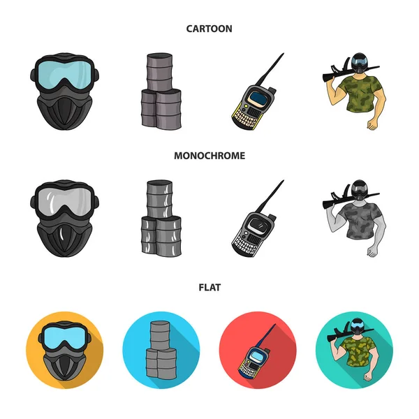 Ausrüstung, Maske, Lauf, Barrikade .Paintball Set Sammlung Symbole in Cartoon, flach, monochromen Stil Vektor Symbol Stock Illustration Web. — Stockvektor