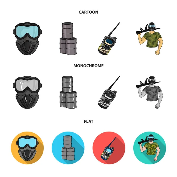 Berendezések, a maszk, a hordó, a barikád. Paintball set gyűjtemény ikonok rajzfilm, lapos, fekete-fehér stílus vektor szimbólum stock illusztráció web. — Stock Vector