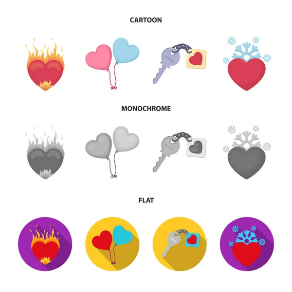 Corazón caliente, globos, una llave con encanto, un corazón frío. Romántico conjunto de iconos de colección en dibujos animados, plano, monocromo estilo vector símbolo stock ilustración web . — Archivo Imágenes Vectoriales