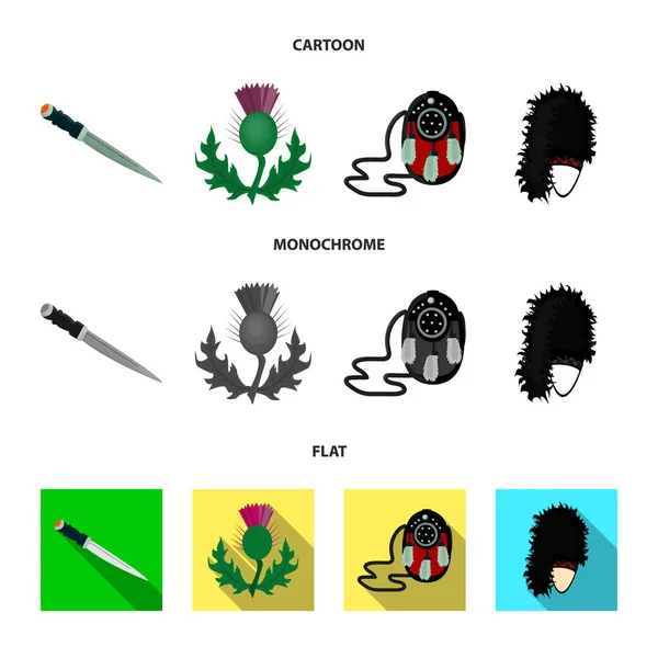 National Dirk Dagger, Thistle National Symbol, Sporran, glengarry.Scotland conjunto coleção ícones em desenhos animados, plana, estilo monocromático símbolo vetorial estoque ilustração web . — Vetor de Stock