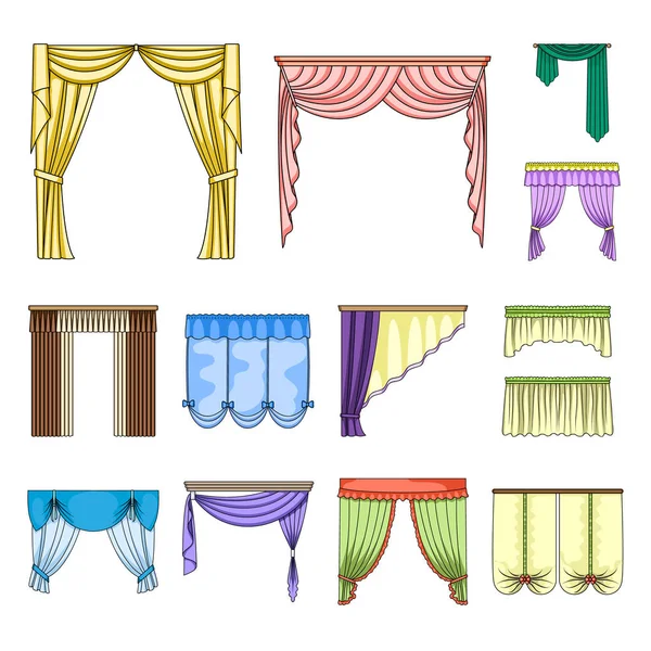 Diferentes tipos de cortinas iconos de dibujos animados en la colección de conjuntos para el diseño. Cortinas y lambrequines vector símbolo stock web ilustración . — Archivo Imágenes Vectoriales