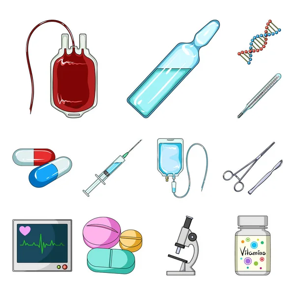 Iconos de dibujos animados de medicina y tratamiento en colección de conjuntos para el diseño. Medicina y equipo vector símbolo stock web ilustración . — Vector de stock