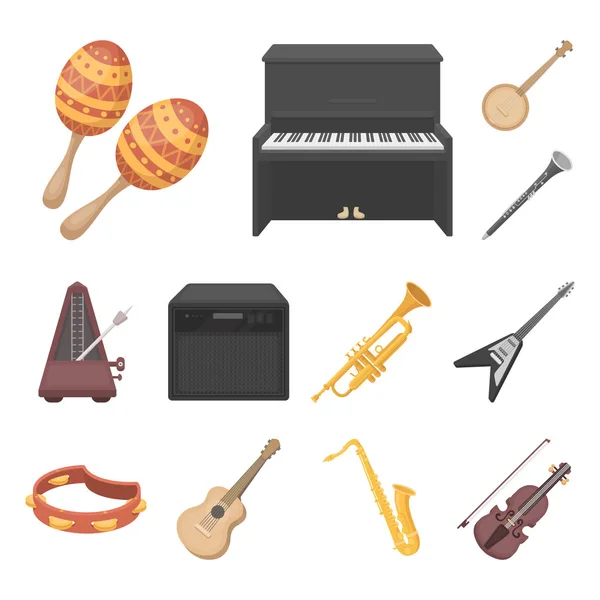 Мультфильм о музыкальных инструментах в коллекции дизайнеров. Рисунок векторных символов струн и ветра . — стоковый вектор