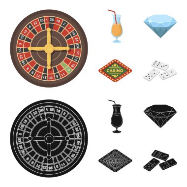 Rulet, bir bardak içki, bir elmas, bir işaret yazıt Casino ile. Çizgi film, siyah stil vektör simge stok çizim web Casino ve kumar küme koleksiyon simgeler.