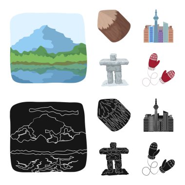 Göller, dağlar, Si-tr kule ve diğer sembollerin Canada.Canada toplama simgeler çizgi film, siyah stil vektör simge stok çizim web ayarla.