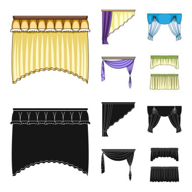 Pencere perdeleri farklı türleri. Perdeleri toplama simgeler çizgi film, siyah stil vektör simge stok çizim web ayarla..