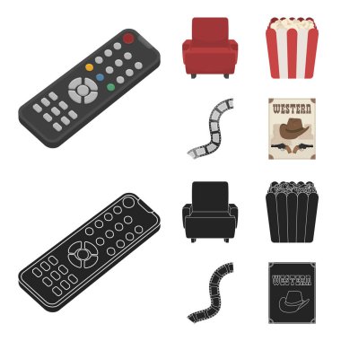 Kontrol paneli, bir koltuk için görüş, patlamış mısır. Filmler ve film çizgi film, siyah stil vektör simge stok çizim web simgeler ayarla.