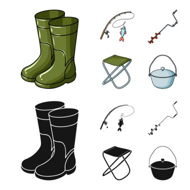 Balıkçılık, balık, yakalama, olta. Balık tutma toplama simgeler çizgi film, siyah stil vektör simge stok çizim web içinde ayarla..