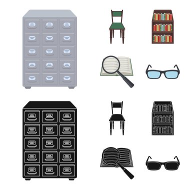 Dosya dolabı, sandalye, raflar kabine, bilgi arayın. Kütüphane ve Kitabevi çizgi film, siyah stil vektör simge stok çizim web simgeler ayarla.