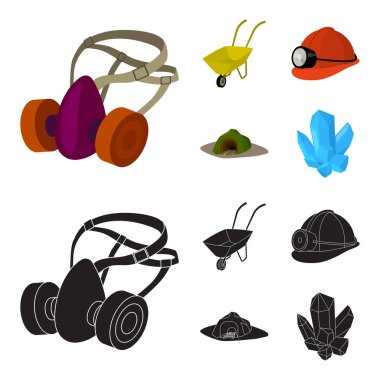 Kulaklık ve raspirator, el arabası, kask ile bir fener, madenin girişi. Toplama simgeler çizgi film, siyah stil vektör simge stok çizim web set madencilik sanayi.