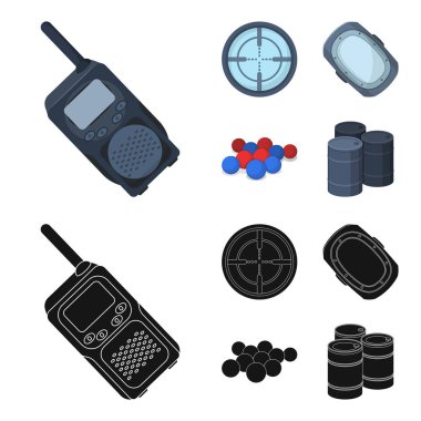 Top boya ve diğer ekipmanlar ile. Çizgi film, siyah stil vektör simge stok çizim web Paintball tek simge.