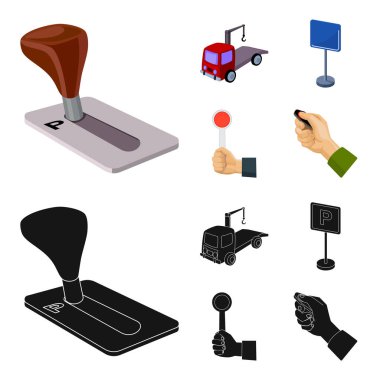 İletim kolu, çekici, Park işareti, stop sinyali. Buraya park edilmez toplama simgeler çizgi film, siyah stil vektör simge stok çizim web ayarla..