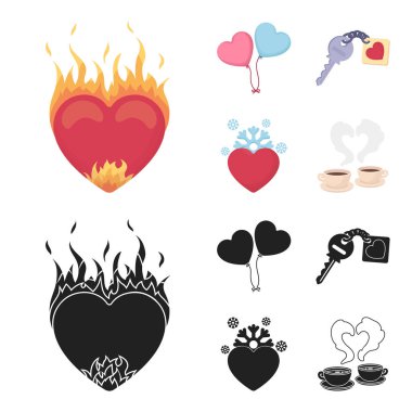 Sıcak kalp, balonlar, a çekicilik, soğuk bir kalp ile a anahtar. Romantik toplama simgeler çizgi film, siyah stil vektör simge stok çizim web içinde ayarla..