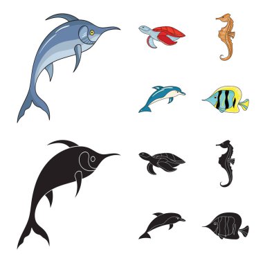 Merlin, kaplumbağa ve diğer türler. Deniz hayvanları toplama simgeler çizgi film, siyah stil vektör simge stok çizim web ayarla..