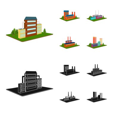 İşleme fabrikası, Metalurji tesisi. Fabrika ve sanayi çizgi film, siyah stil izometrik vektör simge stok çizim web simgeler ayarla.