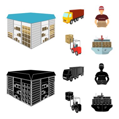 Kamyon, kurye, pizza, forklift, depo teslimi için. Lojistik ve teslim çizgi film, siyah stil izometrik vektör simge stok çizim web simgeler ayarla.