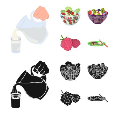 Meyve, sebze salatası ve gıda diğer türleri. Yiyecek toplama simgeler çizgi film, siyah stil vektör simge stok çizim web ayarla..