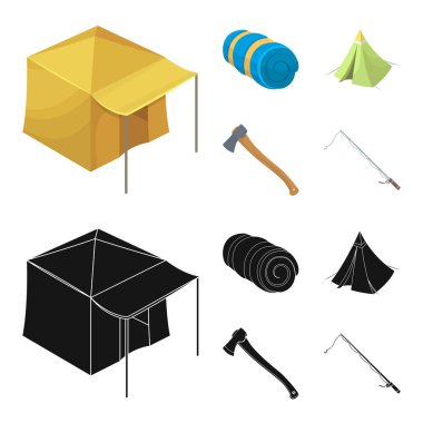 Çadır Tente, ax ve diğer aksesuarları ile. Çadır toplama simgeler çizgi film, siyah stil vektör simge stok çizim web ayarla..