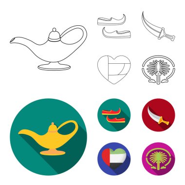 Doğu ayakkabı, hançer, emirates, kalbinde Palm Jumeirah.Arab Emirlikleri anahat, düz stil vektör simge stok çizim web simgeler ayarla.