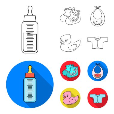 Çorap, önlük, Oyuncak ördek, raspashonka. Bebek set simgeler anahat, düz stil vektör simge stok çizim web tarihi..