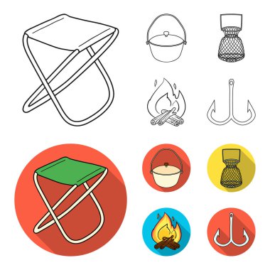 Catch, kanca, kafes, pudra. Balık tutma toplama simgeler anahat, düz stil vektör simge stok çizim web ayarla..