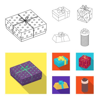 Fiyonklu hediye paketi hediye kutusu. Hediyeler ve sertifikaları anahat, düz stil vektör simge stok çizim web simgeler ayarla.