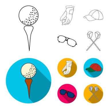 Bir top, kırmızı şapka, güneş gözlüğü, iki kulüp ile golf oynamak için bir eldiven. Golf Club toplama simgeler anahat, düz stil vektör simge stok çizim web ayarla..