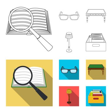 Gözlük, ahşap bir masa, bir zemin lamba, kitap olan bir kutu. Bir kütüphane ve bir kitapçı anahat, düz stil vektör simge stok çizim web simgeler ayarla.