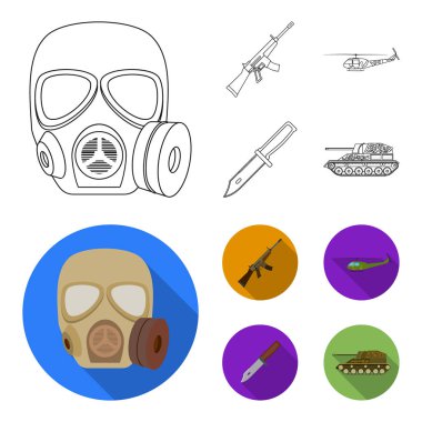 Saldırı tüfeği M16, helikopter, tank, savaş bıçak. Askeri ve ordu anahat, düz stil vektör simge stok çizim web simgeler ayarla.