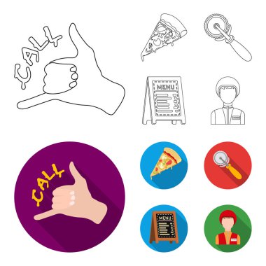 Bir pizza kesici, bir dilim, bir menüde bir pizzacı, bir kurye. Pizza ve pizza anahat, düz stil vektör simge stok çizim web simgeler ayarla.