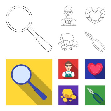 Kuyumcu, pense, altın cevheri, kalp şeklinde lal. Değerli mineraller ve kuyumcu anahat, düz stil vektör simge stok çizim web simgeler ayarla.