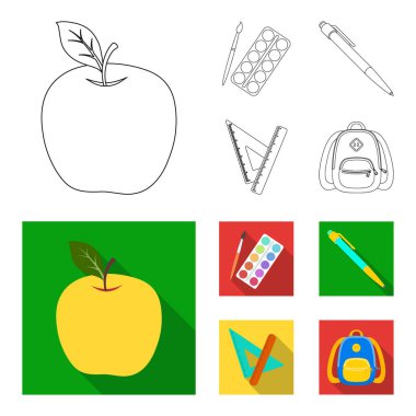 Çok renkli boyalar bir püskül, kalem, üçgen ve cetvel, el çantası, evrak çantası ile. Okul ve eğitim anahat, düz stil vektör simge stok çizim web simgeler ayarla.