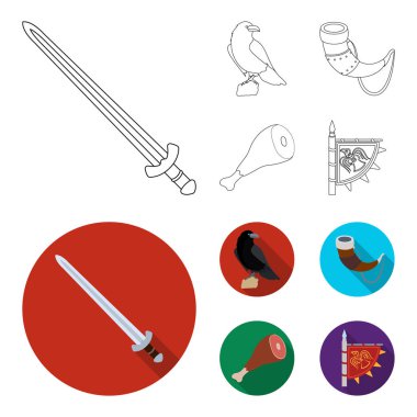 Karga, boynuz içki, jambon, zafer bayrak ile oturuyor. Vikingler toplama simgeler anahat, düz stil vektör simge stok çizim web ayarla..