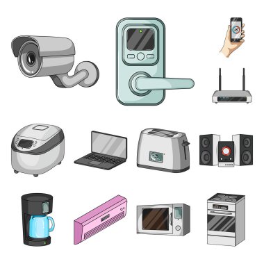 Akıllı ev aletleri set koleksiyonu tasarım için simgeleri karikatür. Modern ev aletleri sembol stok web illüstrasyon vektör.