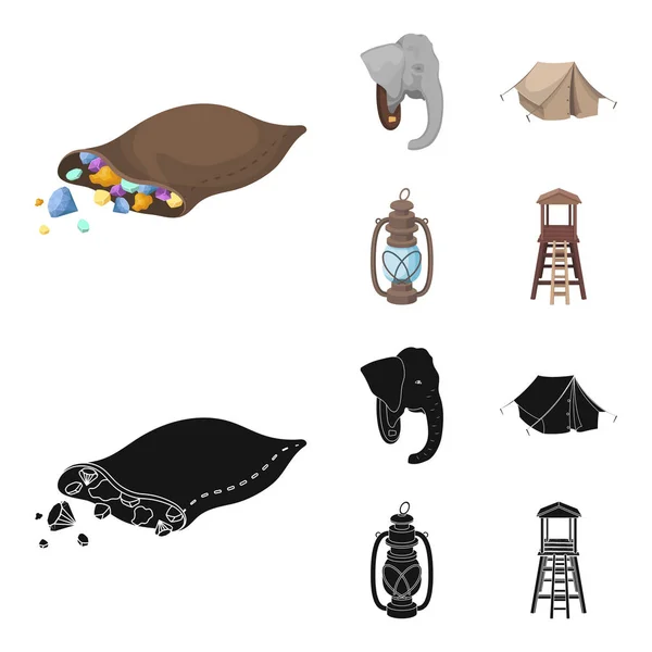 A bag of diamonds, an elephant head, a kerosene lamp, a tent. African safari set collection icons in cartoon,black style vector symbol stock illustration web. — Stock Vector