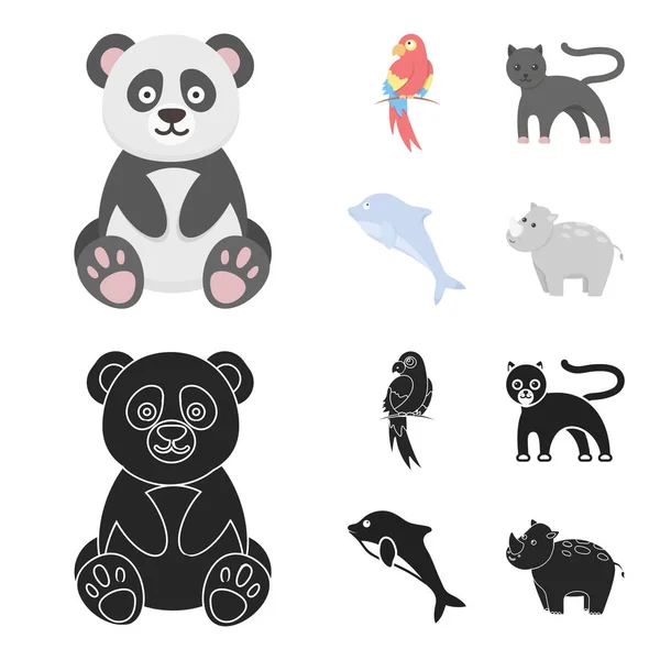 Panda.popugay, пантера, дельфин. Животные набор иконки коллекции в мультфильме, черный стиль векторных символов фондового иллюстрации веб . — стоковый вектор
